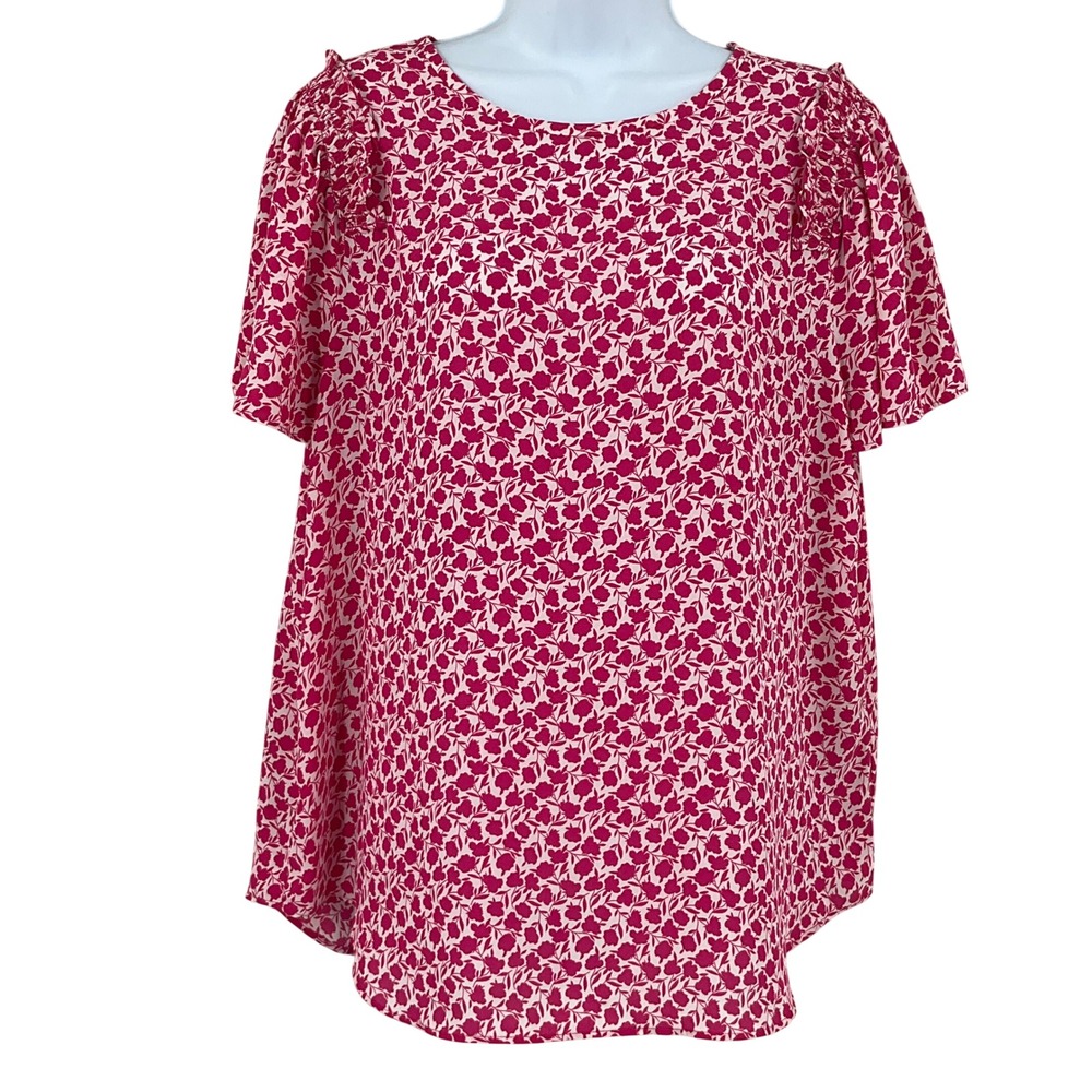 Ann Taylor Pink and White Floral Short Sleeve Blouse